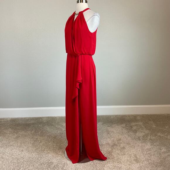 Xscape Red Chiffon Evening Gown Size 8 Cut Out Thigh Slit Ruffled Formal Dress - Picture 4 of 13
